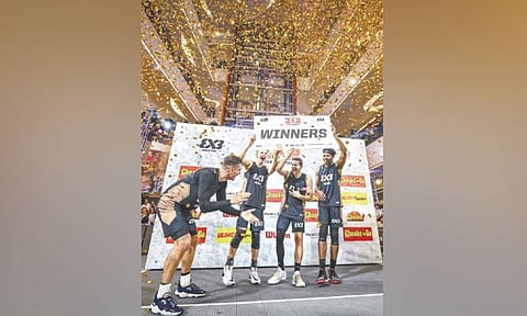 GOLDEN. Jimmer Fredette, Canyon Barry, Dylan Travis, and Kareem Maddox celebrate their title victory in the Chooks to Go Fiba 3x3 World Tour Cebu Masters. / FIBA