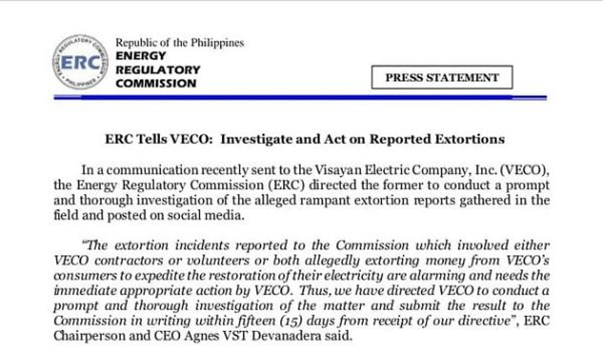 ERC tells Visayan Electric: Probe, act on extortion reports