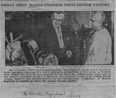 After attending the first
International Conference of Women Engineers and Scientists, Lalitha is seen
here at the AEI research facilities in England, from ‘The Hitavada’ 23rd August
1964.