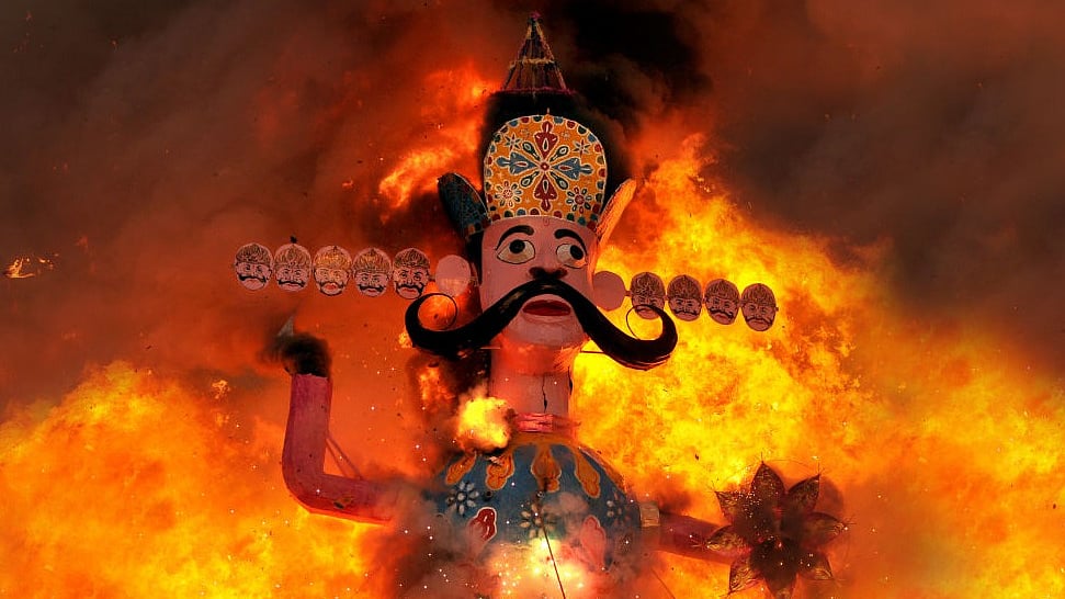 An effigy of Ravana goes up in flames marking the end of Dussehra. (Nitin Kanotra/Hindustan Times via Getty Images)