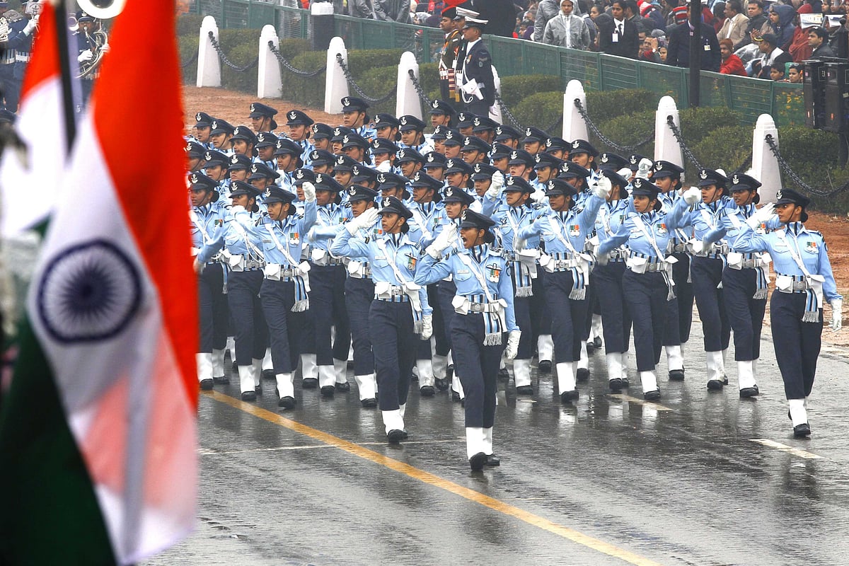  Women contingent march past during the ceremony of 66th Republic Day of India, at Rajpath, on January 26, 2015 in New Delhi, India. (Ajay Aggarwal/Hindustan Times via GettyImages)&nbsp;