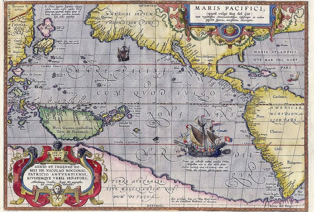 Maris Pacifici by Ortelius (1589). One of the first printed maps of the Pacific Ocean