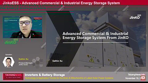 Jinko ESS provided an overview of its latest BESS solutions tailored for global C&I consumers at the TaiyangNews Inverters & Battery Storage Virtual Conference 2024. (Photo Credit: TaiyangNews)