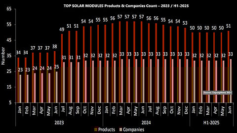 Persistent Pursuit of Efficiency: The PV industry's consistent drive for higher efficiency first expanded the number of listed products in TOP SOLAR MODULES, while the same focus is now leading to a dip in product count as companies phase out less efficient technologies, such as PERC. (Source: TaiyangNews)