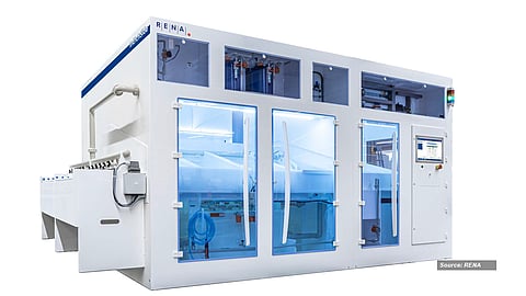 Doped Glass Etching: RENA’s InEtchSide 4+ enables high-throughput single-side HF etching of doped glasses like BSG/PSG, processing up to 16,000 M10 wafers/hour. (RENA Technologies GmbH)