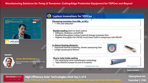 Boron Diffusion Furnace: LAPLACE’s low-pressure LPCVD tool uses BCl3 instead of BBr3 for boron diffusion, enabling >70% cost reduction and higher throughput via double-loading. (Source: LAPLACE)