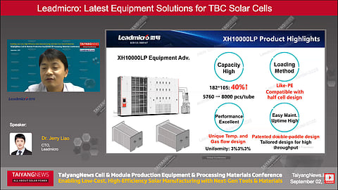 Dr. Jerry Liao from Leadmicro detailed how recent throughput and process-control improvements across LPCVD, PECVD, and ALD tools aim to support the manufacturing requirements of TBC and other back-contact cell architectures. (Photo Credit: TaiyangNews)