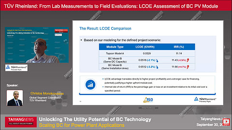 The webinar presentation examined how an LCOE-based assessment provides a more realistic comparison of TOPCon and back-contact modules by integrating performance behavior, degradation, and system-level energy yields. (Photo Credit: TaiyangNews)
