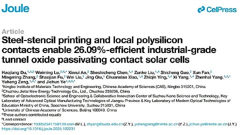 JTPV publishes TOPCon research Joule