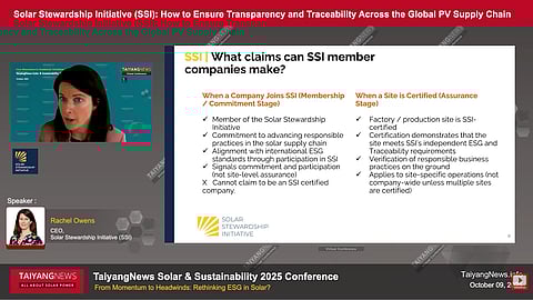 The presentation outlined how the Solar Stewardship Initiative (SSI) is developing harmonized ESG and traceability standards to support transparent and responsible PV supply chains. (Photo Credit: TaiyangNews)