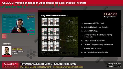 ATMOCE’s module inverter system architecture, highlighting panel-level MPPT, minimal DC voltage, and flexible scalability for single- and three-phase PV systems. (Source: TaiyangNews)
