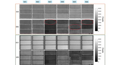 The UNSW study observes that PL images of all modules (a) before damp-heat (DH) testing and (b) after 2,000 h at 85 °C and 85% RH show a clear reduction in intensity and the appearance of localised dark regions. (Source: University of New South Wales (UNSW))