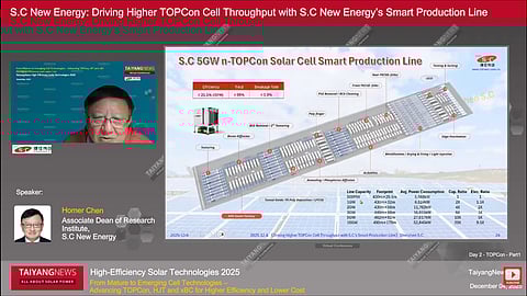 Homer Chen, Associate Dean of the Research Institute at Shenzhen S.C New Energy presenting the company’s 5 GW n-type TOPCon smart production line at the TaiyangNews High-Efficiency Solar Technologies Conference 2025. (Photo Credit: TaiyangNews)