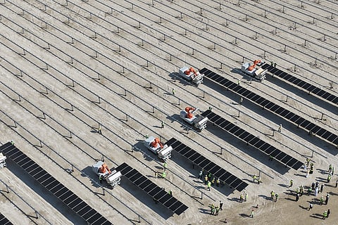 The module mounting robot is designed for ground-mounted PV projects, aiming to automate module placement and reduce manual handling during installation. (Photo Credit: LEAPTING)