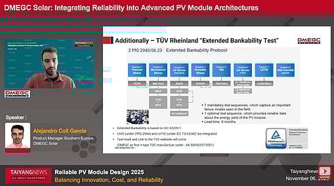 Alejandro Coll García of DMEGC Solar outlined the TÜV Rheinland Extended Bankability Test framework, including integrated UV and LeTID stress sequences, at the TaiyangNews Reliable PV Module Conference 2025. (Photo Credit: TaiyangNews)