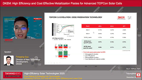 DKEM’s Fangqing Guo discussed how metallization paste design must adapt to finer grid lines, new cell structures, and silver reduction strategies in TOPCon technology. (Photo Credit: TaiyangNews)