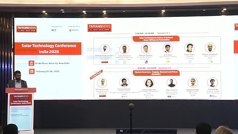 TaiyangNews' Shravan Chunduri opened the session on Solar Cell Research Status & Outlook at STC.I 2026, covering silicon, HJT, and perovskite-tandem developments. (Photo Credit: TaiyangNews)
