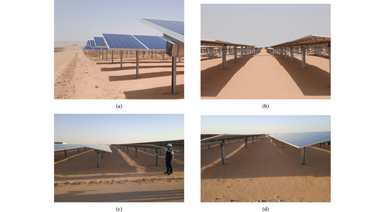 Misalignment between tracker rows on slightly uneven terrain leads to backtracking overcorrection, visible as light bands that indicate irradiance losses. 