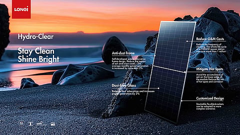 LONGi’s HydroClear module design features a flush glass surface aimed at reducing dust and snow accumulation during outdoor operation. (Photo Credit: LONGi)