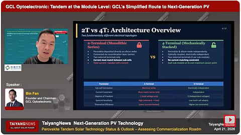Bin Fan, Founder and CEO of GCL Optoelectronics, discusses the differences between 2-terminal and 4-terminal tandem architectures during the TaiyangNews Conference on Next-Generation PV Technologies. 