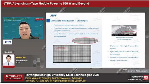 Printing Challenges: Xinrui An of JTPV highlights limitations of advanced metallization, including finger discontinuity, busbar connectivity issues, and reliability concerns in fine-line printing.