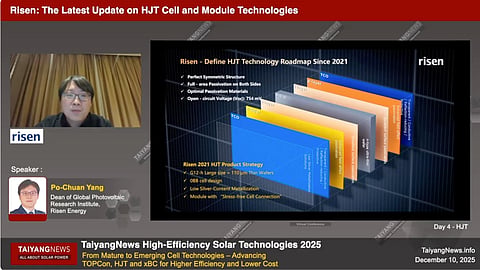 Po-Chuan Yang, Dean of the Global Photovoltaic Research Institute at Risen Energy, highlighted key developments in HJT technology at the TaiyangNews High-Efficiency Solar Technologies Conference 2025.