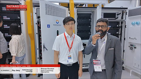 Hoenergy displayed multiple BESS platforms at SNEC 2026, targeting applications ranging from C&I installations to utility-scale projects. (Photo Credit: TaiyangNews)