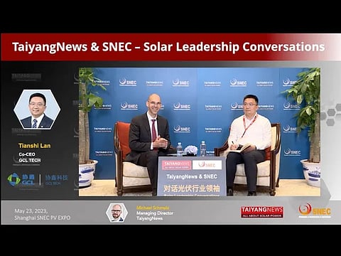 GCL Tech Co-CEO Tianshi Lan with TaiyangNews' Michael Schmela for an exclusive interview @ SNEC 2023