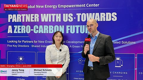 TaiyangNews Managing Director Michael Schmela (right) interviews Jenny Tong (left), General Manager of Operations at GNEEC, on the platform’s mission to connect buyers, suppliers, investors and industry leaders worldwide.  
