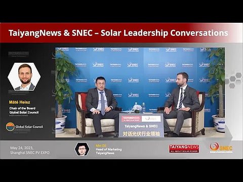 An exclusive interview of TaiyangNews Head of Sales & Marketing Min Ge with GSC's Máté during the world's largest solar show SNEC 2023 