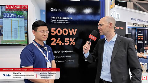 Allen Xu, Vice President of Sales at Gokin Solar, speaks to Michael Schmela, Managing Director of TaiyangNews, about the company's BC technology roadmap, manufacturing strategy and international expansion plans. (Photo Credit: TaiyangNews)