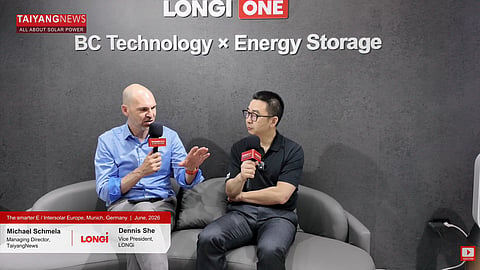 Dennis She discusses LONGi's integrated solar-plus-storage strategy and the company's LONGi ONE platform during a conversation with TaiyangNews at Intersolar Europe 2026. (Photo Credit: TaiyangNews)