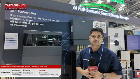 Kaustubh Dhamale of Haier Energy Europe explains the company's E-Tower Ultra residential battery energy storage system at Intersolar Europe 2026. 