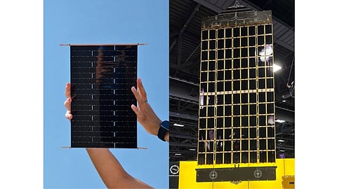 Fraunhofer ISE and Source Energy have developed silicon solar modules using shingle-matrix interconnection. A single module is shown on the left and a complete satellite wing comprising 108 modules on the right. 