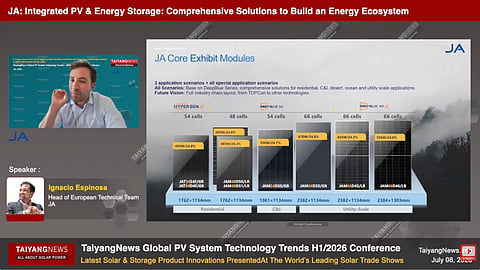 Ignacio Espinosa, Head of the European Technical Team at JA, presented the company’s application-specific PV modules and integrated storage solutions at the TaiyangNews Conference. 