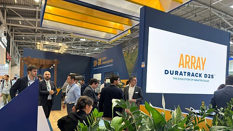 ARRAY showcased its DuraTrack D2S dual-row tracker, featuring passive row-level wind stow, at Intersolar Europe 2026. 