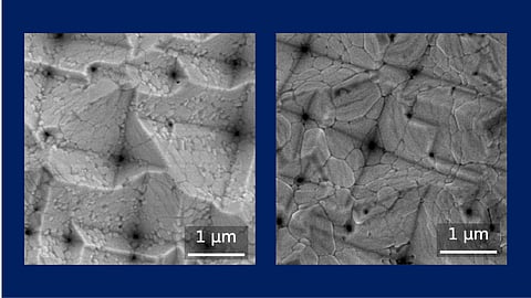 According to HZB, the perovskite film deposited without a CsCl seed layer (left) had smaller grains and more defects, while the CsCl-treated film (right) was more uniform and showed larger grains. 