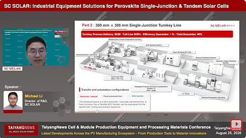 SC Solar’s equipment portfolio covers single-junction perovskite and perovskite-silicon tandem production, from R&D and pilot lines to large-area manufacturing and module assembly. 