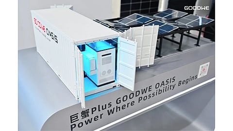 GoodWe’s OASIS Plus mobile energy station integrates a 91.2 kWp foldable PV array into a 20-foot high-cube container for transport and deployment at different sites. 