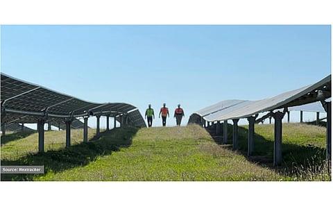 Paradigm buster: NX Horizon-XTR, an all-terrain tracker from Nextracker, breaks the paradigm of “straight-line row” design constraints as it conforms to the natural terrain, with obvious benefits such as eliminating heavy earthworks and reducing pier lengths, thereby easing the permitting process. (Source: Nextracker) 