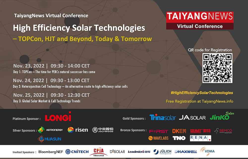 Nov. 23-25, 2022 TaiyangNews High Efficiency Solar Technologies Conference