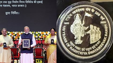 First Time Special Coin released by PM Modi to mark the centenary of the RSS with photograph of Bharat Mata