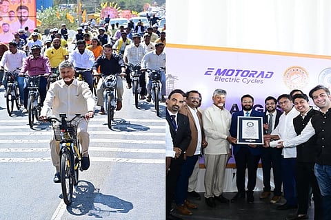 Andhra Pradesh Chief Minister Chandrababu Naidu has set a Guinness World Record by distributing e-cycles to 5,555 women in a single day