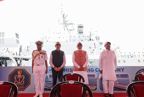 PM Modi dedicates indigenously built warships  nation, expressing pride in testament  India's industrial prowess.

