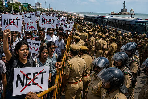 Police have been deployed at Chennai's Marina Beach in the wake of the NEET protests