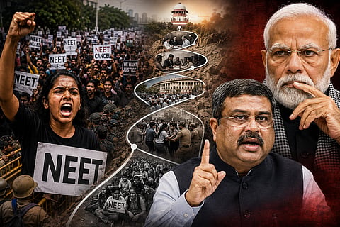 look at course of 35 day protest  by 'Cockroach Party' over NEET irregularities, Dharmendra Pradhan's resignation.