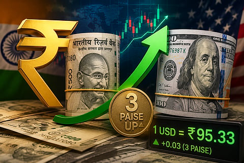 Indian Rupee rises by 3 paise against the dollar; settles at Rs 95.33!