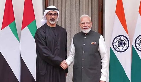 Abu-dhabi prince seikh kalheed mohammad met prime minister Narendra modi on a sideline of BRICS Summit in delhi 