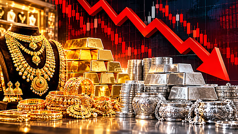 price of gold dropped up to ₹5,000 per sovereign over two weeks, silver is also plummeting sharply