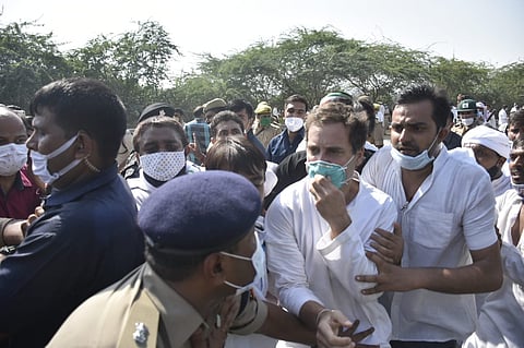 Rahul Gandhi pushed on ground, detained en route Hathras
